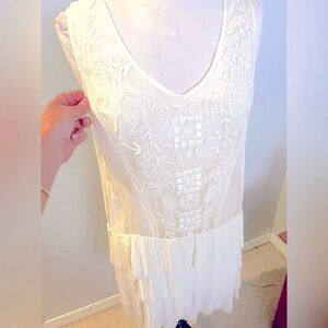 Zara Off White Sleeveless Embroidery mini dress with pleated tiers in size large